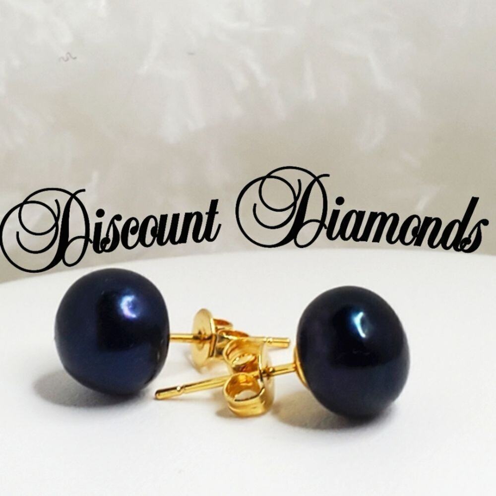 Natural Black South Sea Pearl Stud (Post) Earrings 9/10 mm Solid 14K Yellow Gold